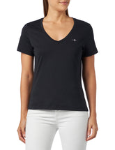 GANT Women's Reg Shield Ss V-neck T-shirt T-Shirt , Black,L